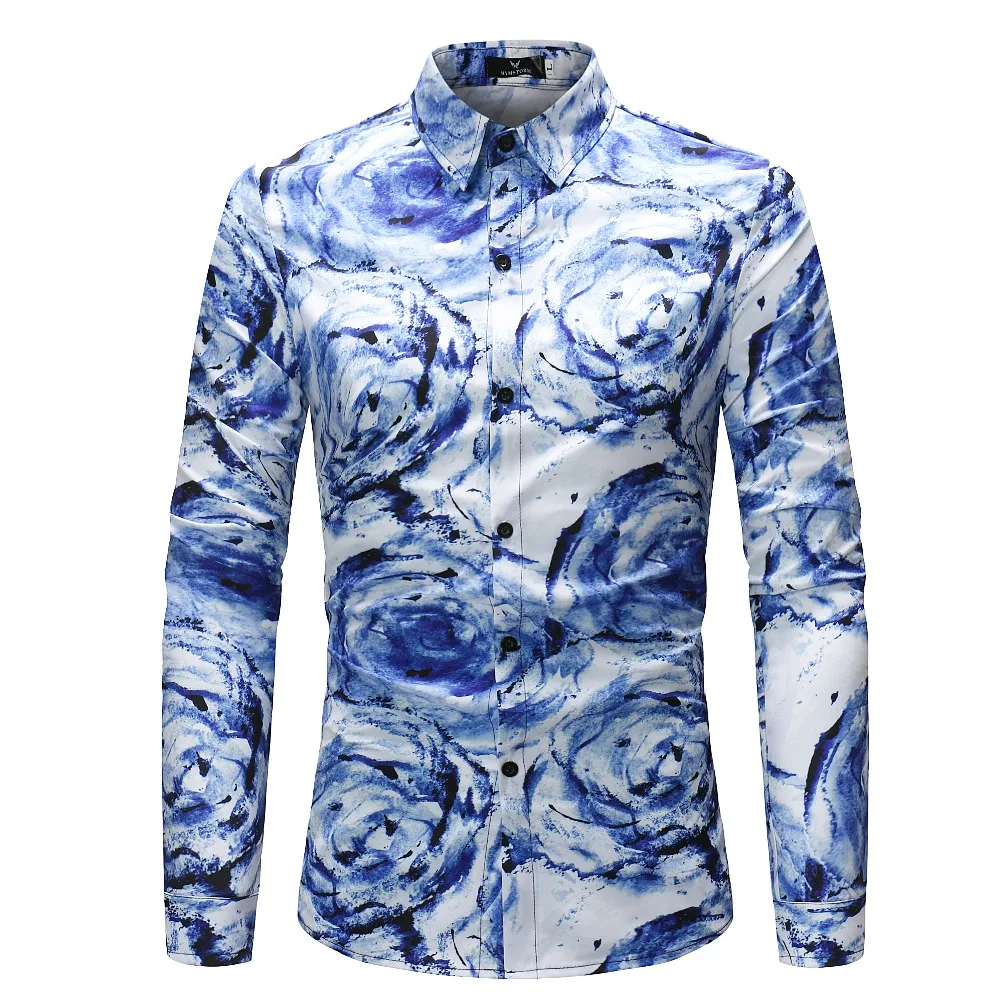 Men Flower Shirts Long Sleeve Shirts Slim Fit Men 3D Printed Shirts Spring Autumn Casual Hawaiian Shirts for Mens Clothing