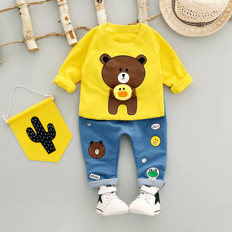 Комплекты одежды для маленьких мальчиков, осень, новая футболка с длинными рукавами+ джинсы с принтом маленького медведя, Повседневная модная одежда для маленьких мальчиков