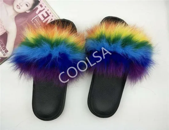 Women's Summer Fur Slippers Indoor Warm Fluffy Plush Home Shoes Woman Real Fox Hair Fur Slides Furry Sandals Female Flip Flops - Color: As shown