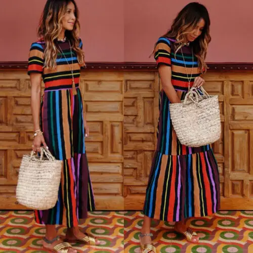 Fashion Women?s  Rainbow Striped Print Maxi Dress Cocktail Party Short Sleeve Holiday Sundress