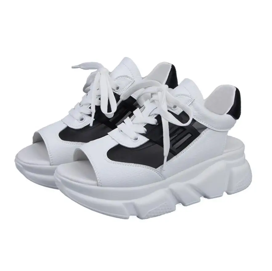 

Women's Sandals 2019 Summer Muffin Thick Bottom Fish Mouth Sports Sandals With Breathable Mesh Pu Leather Casual Shoes