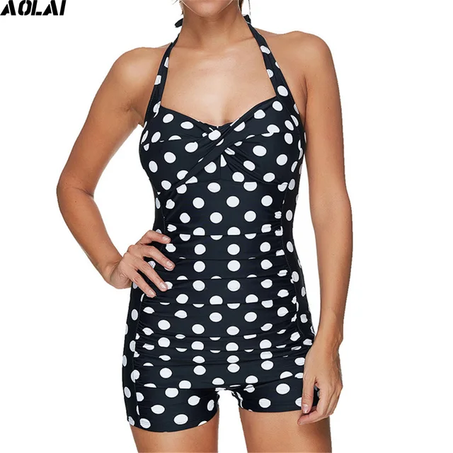 Plus Size One Piece Swimsuit With Shorts Floral Swimwear Women 2017 Backless Monokini Dots