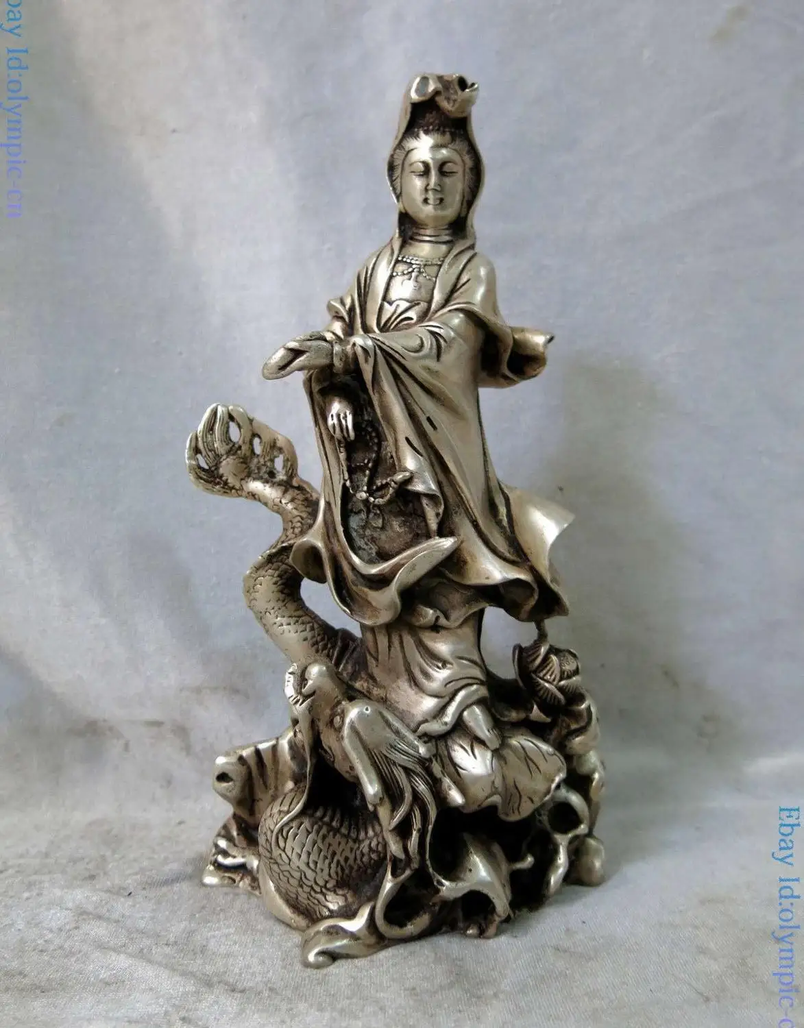 

Silver sculpture China carved dragon buddhism Kwan-yin Bodhisattva Buddha Statue 22CM