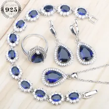 Падение Синий Циркон Серебро 925 женские свадебные ювелирные наборы браслеты ожерелье серьги с камнями кольца набор ювелирных изделий Подарочная коробка