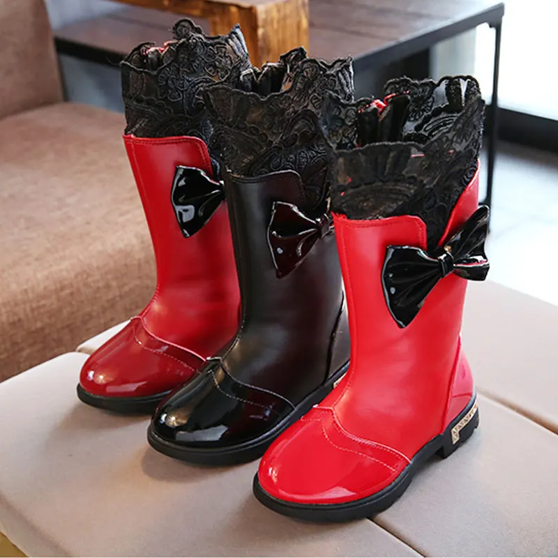 

Kids Lace Long Boots PU Leather Winter Plush Shoes Fashion Bowknot Flat Boots Size 26-37 Children Dress Shoes Princess Footwear