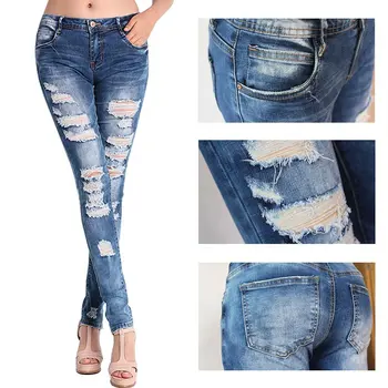 

Ladies Denim Pants Stretch Womens Bleach Ripped Female Skinny Jeans