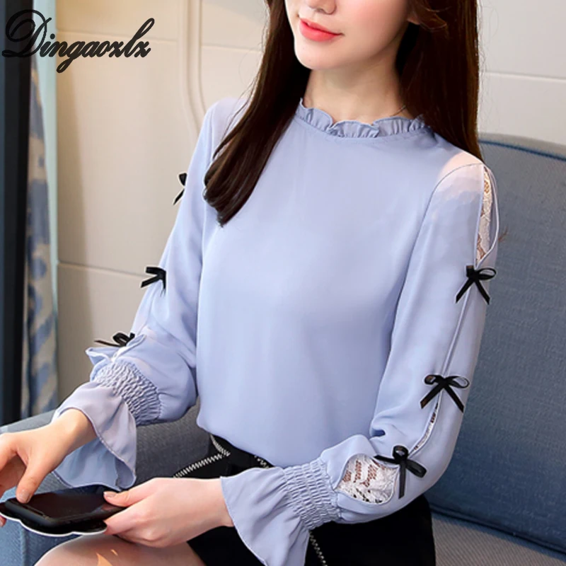 Dingaozlz Корейская женская одежда с бантом, кружевные топы, элегантная женская шифоновая блузка с длинным рукавом, Повседневная шифоновая рубашка - Цвет: blue