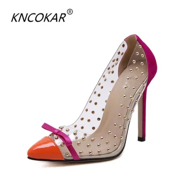 

KNCOKAR 2018 Spring and autumn transparent film rivet fine heel bowknot with a shallow end ultra - high single - heeled shoes