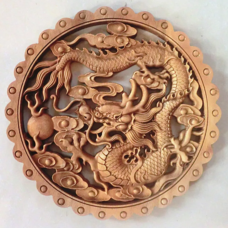 

CHINESE HAND CARVED DRAGON STATUE CAMPHOR WOOD PLATE WALL SCULPTURE.