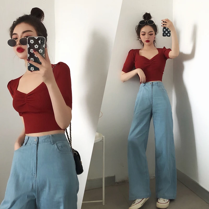 

Fashion Chic Women Outfits Summer 2 Piece Short Sleeve V Neck T-shirt Crop Tops&Denim Wide Leg Pant Sets Loose Pants Suits