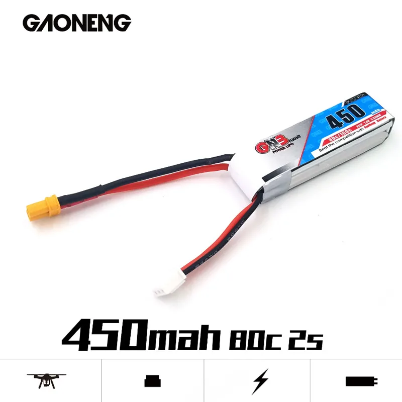 2 шт. Gaoneng GNB 7,4 V 2S 450MAH 80C Lipo батарея JST XT30 разъем для мини Бесщеточный FPV Racing Cine Whoop BetaFPV Дрон Квадрокоптер