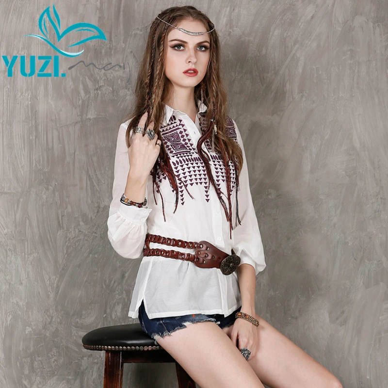 Женские блузки Yuzi. maye Boho новые хлопковые шелковые блузы с длинным рукавом и отложным воротником, рубашки с вышивкой Feminina B9127 свободные топы