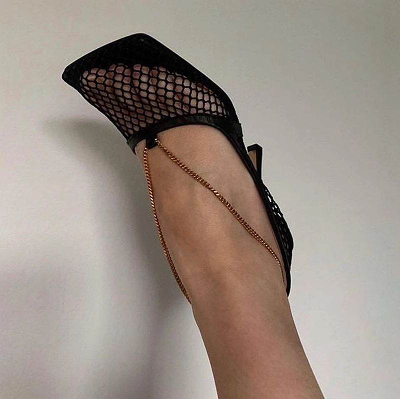 Buono Scarpe летние туфли на высоком каблуке туфли-лодочки Mesh квадратный носок; модная обувь в стиле знаменитостей; женские ботильоны ремешки-цепи женская обувь пикантные туфли-лодочки