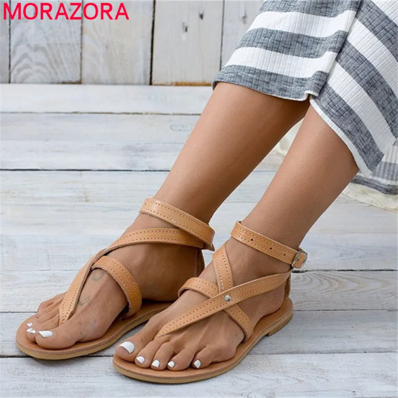 

MORAZORA 2019 hot sale casual beach shoes woman pu buckle summer shoes simple comfortable flat shoes women gladiator sandals