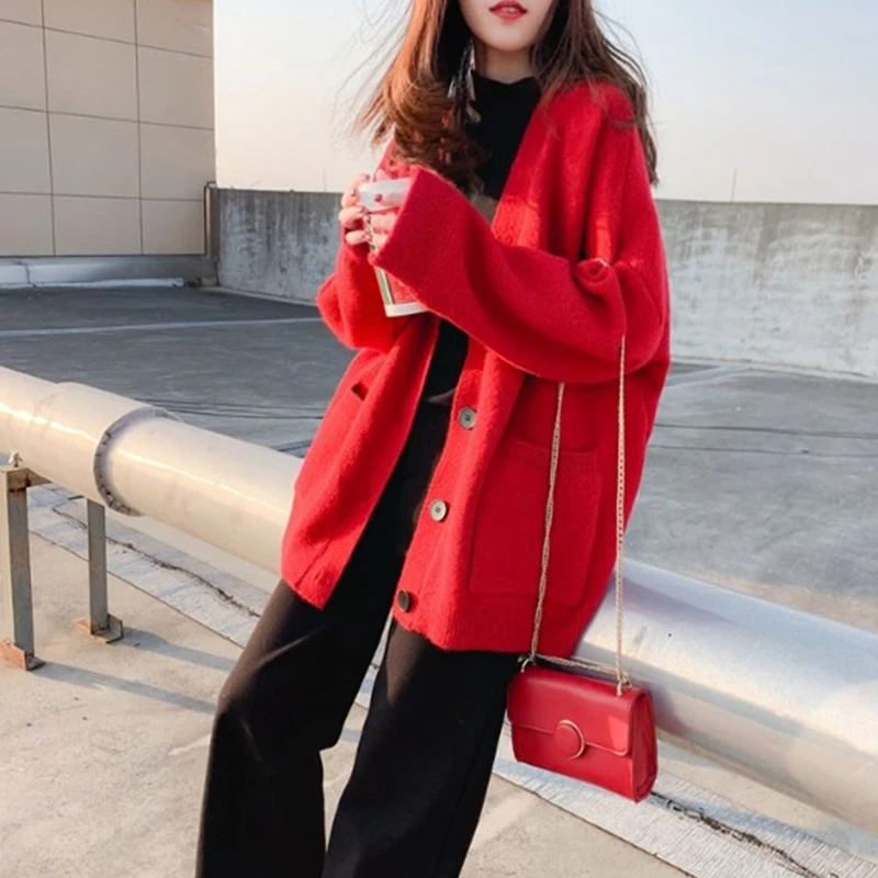 PEONFLY Midi Long Sweater Cardigan For Women Autumn Winter Pocket Long Sleeve Cardigan Female Knitted Jacket Women Red Blue