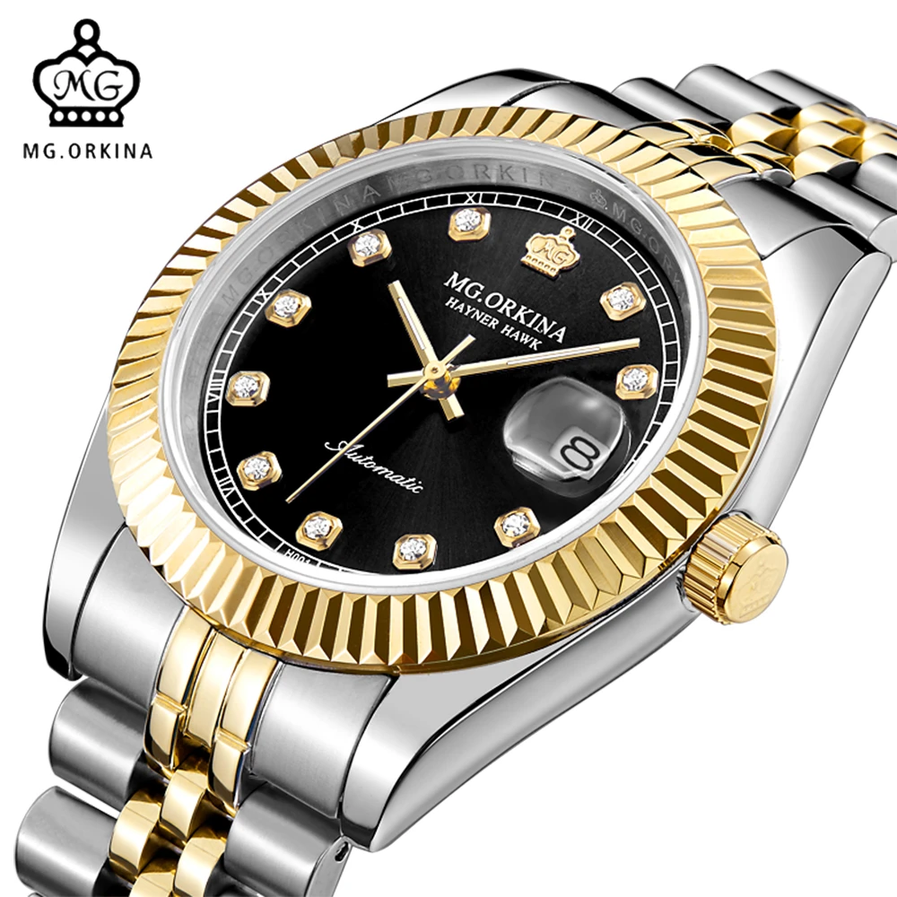 

MG. ORKINA Brand Luxury Men's Watch Stainless Steel Band Gold Black Dial Date Display Auto Mechanical Male Clock Relogios