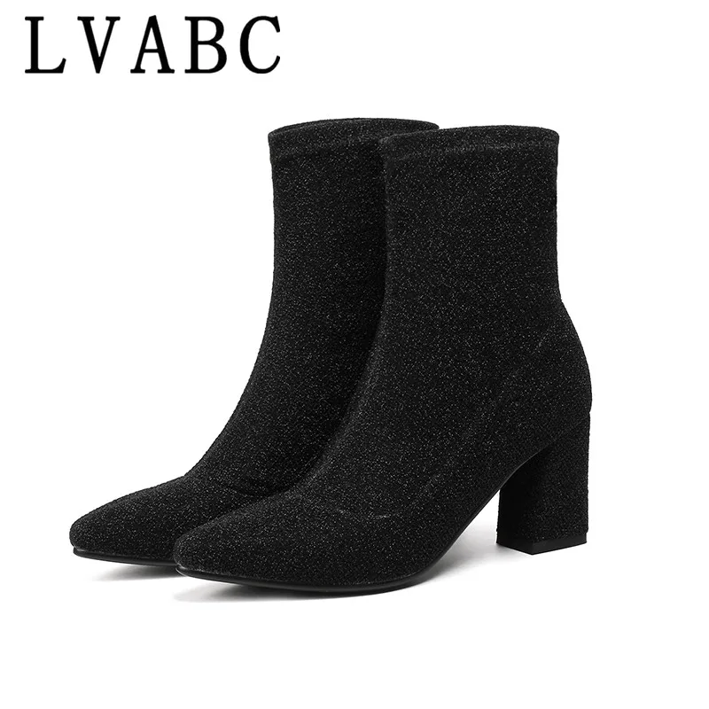 

New Women Shoes High Heels Slip ankle boots winter Stretch socks boots elegant Square high heels shoes female Plus size 32- 44