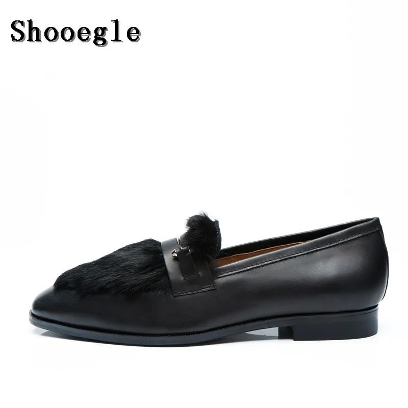 

SHOOEGLE Men Customized Black Furry Hair Shoes Autumn Fashion Fur Slip-on Loafers Smoking Casual Shoes Man Party Dress Shoes