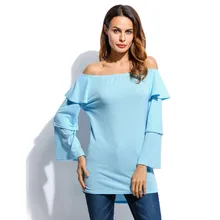 Women Casual Elastic Off Shoulder Ruffled Long Sleeve Irregular Hem Shirt Tops