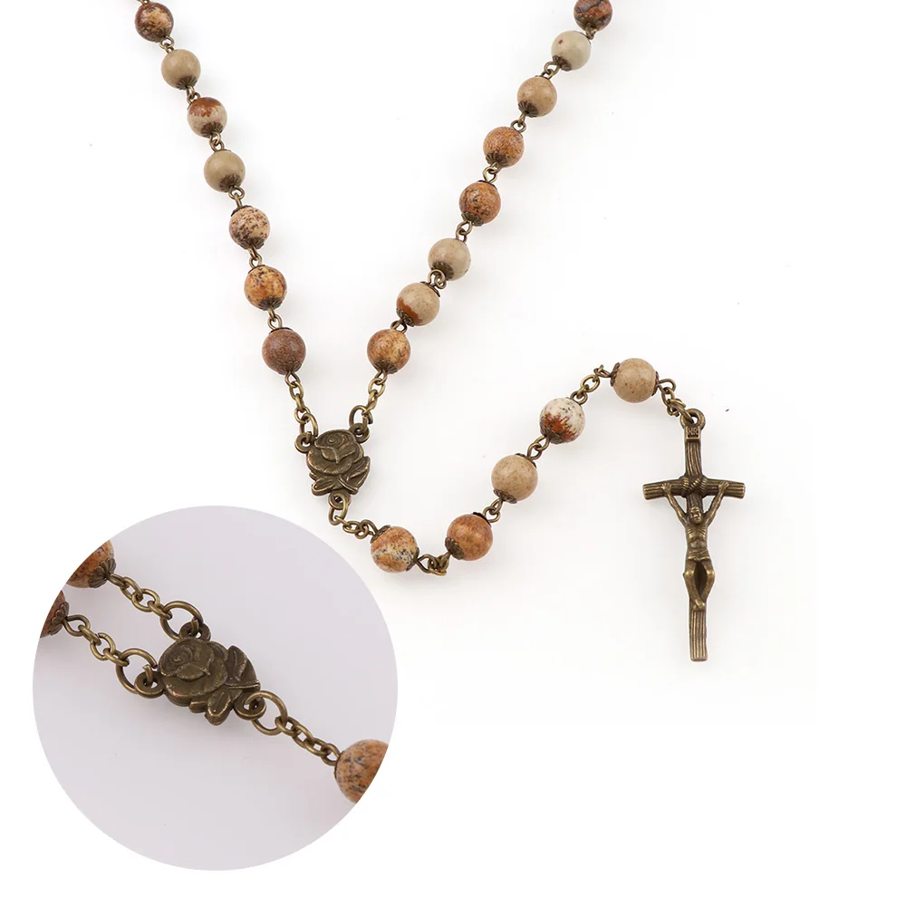 8 мм религиозный католический драгоценный камень внутри натуральный камень круглый молитвенный бисер благословит высококлассное ожерелье крест