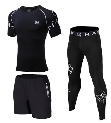 Крутой дизайн мужской костюм из трех предметов для бега Спортивная одежда для баскетбола, тренировок, фитнеса компрессионная Облегающая рубашка+ штаны+ шорты комплект из 3 предметов - Цвет: Синий