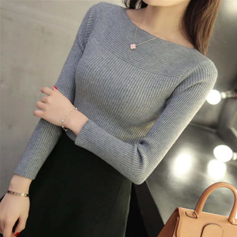 Sweater Women Slash Neck Pullovers Female Knit Bottoming Slim Stretch Korean Version Solid Color  2018 Autumn Winter New Tops