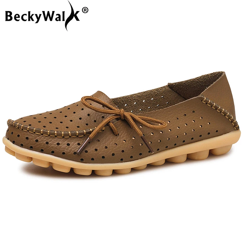 

BeckyWalk 42 43 44 Ladies Summer Loafers Women Boat Shoes Spring Casual Shoes Women Genuine Leather Cut Out Ballet Flats WSH2773
