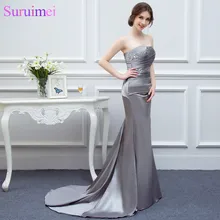 Топ Очаровательная Серебряная без рукавов ручной работы из бисера без бретелек Упругие атласная Длинные платье для выпускного вечера