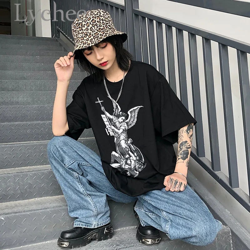 

Lychee Streetwear Angel Print Female Top Tees T-Shirt Summer Short Sleeve Crew Neck Loose Spring T Shirts Top Tees