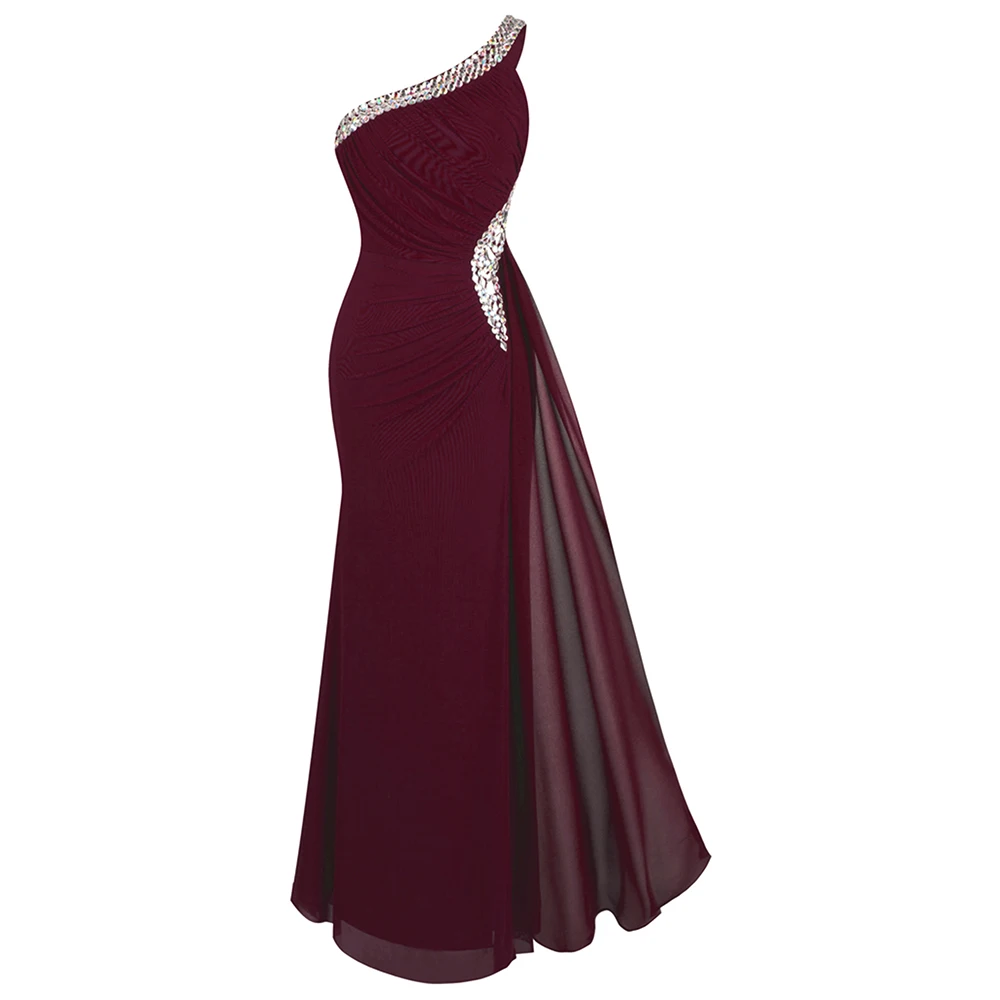 Женское длинное вечернее платье Angel fashions бордовое плиссированное на одно плечо с