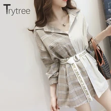 Ttytree Осенняя Асимметричная клетчатая блузка, Повседневная рубашка, Женская однобортная рубашка с отложным воротником и буквенным поясом, Топы, Длинные рубашки