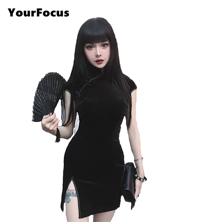 

Your Focus 2018 summer Chinese retro vintage punk rock hem split ends plate buckle cheongsam velvet dress black tight dress