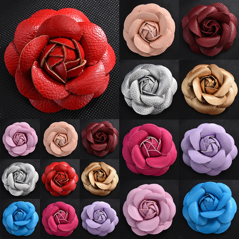 

Fashion Women Quality Leather Camellia Flower Brooches Handmade Costume DIY Accessories Big Brooches Jewelry
