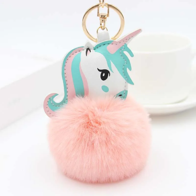 Pompom Unicorn Keychain Rabbit Fur Ball Horse Key chain porte clef Bag Car Keyring llavero mujer chaveiros For Women