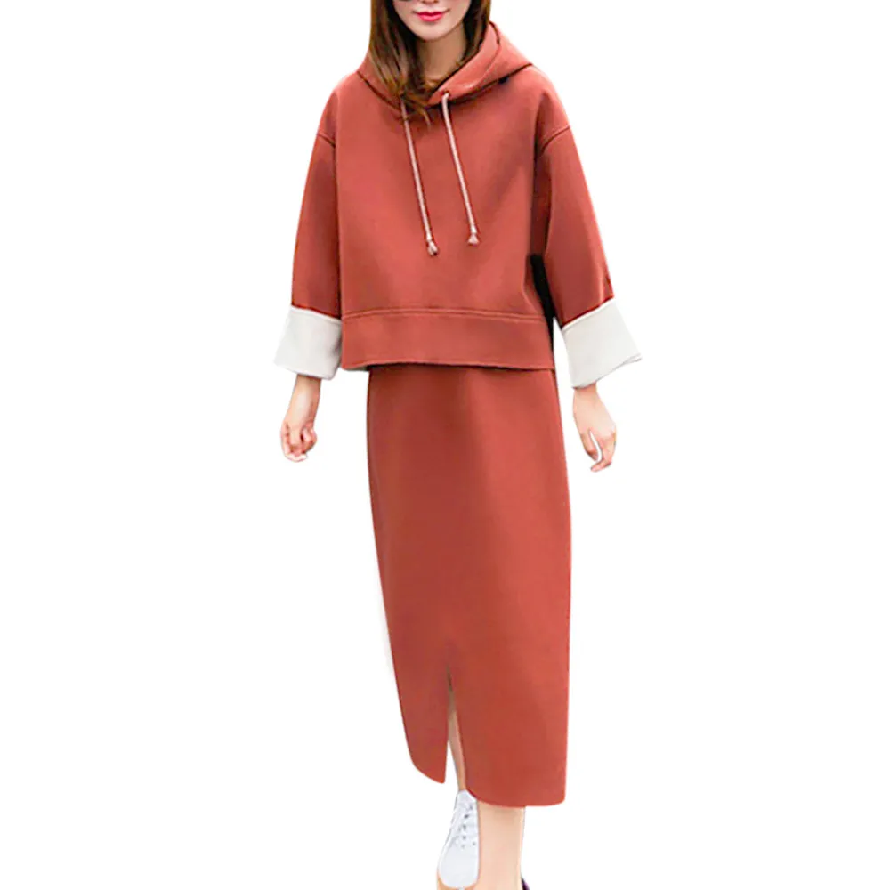 JAYCOSIN женский комплект одежды из двух предметов, свитер с капюшоном и длинная юбка, осенне-зимние модные спортивные комплекты