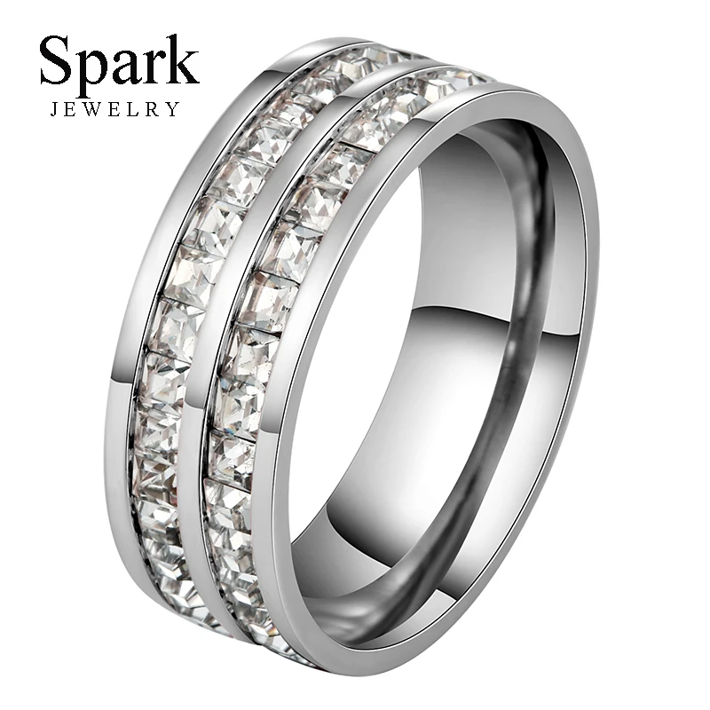 

SPARK New Luxry Stainless Steel Ring Rose Gold Steel Color 2 Rows Crystals Wedding Ring For Female Gift Bijoux