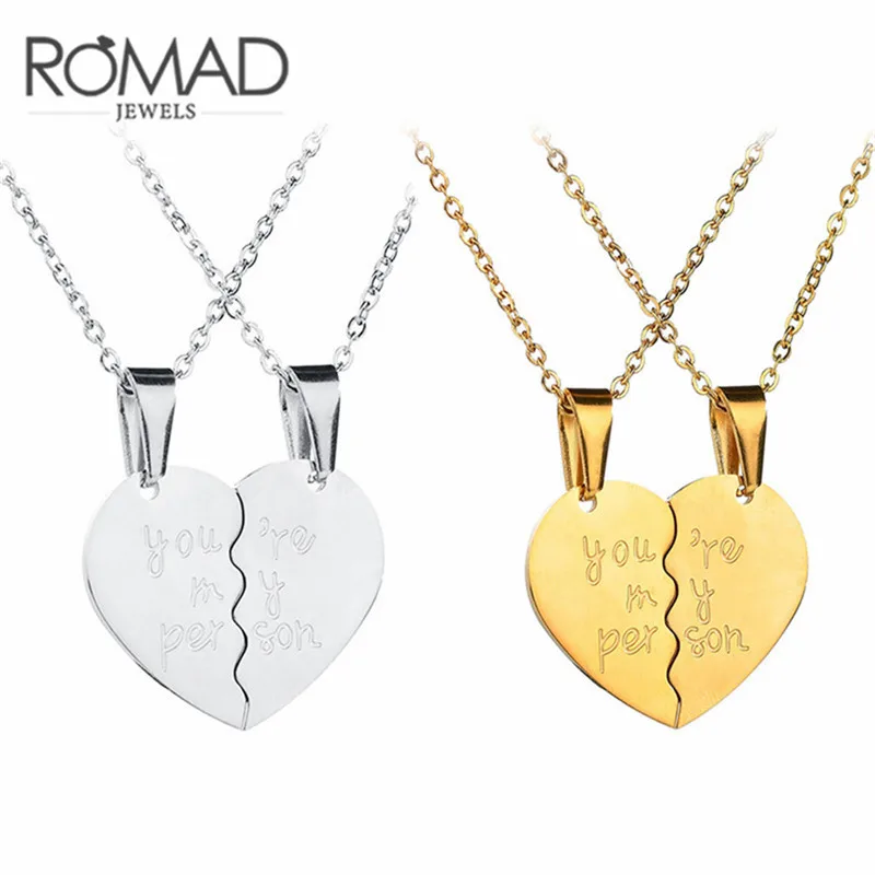

GS Two Halves Heart Pendants Necklaces For Couple Jewelry Black Silver Gold Color Long Chain For Lovers Girlfriend New Gifts R5F