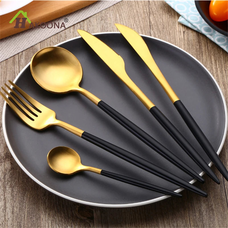 

HAKOONA Dinnerware Set 304 Stainless Steel Black Tableware Fork Coffee Set 4 pieces
