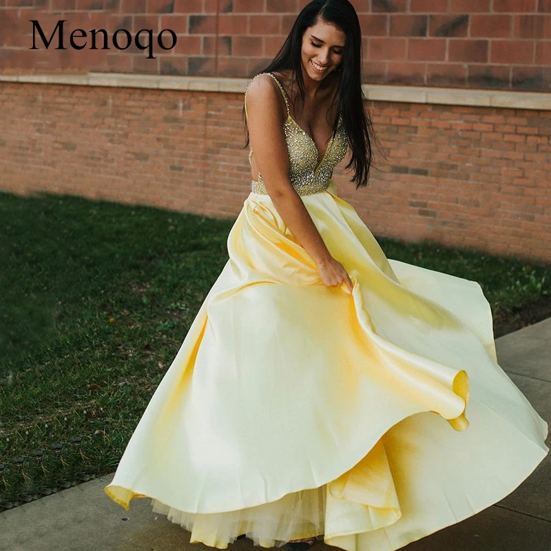Menoqo элегантные сверкающие платья для выпускного вечера на тонких бретельках с глубоким v-образным вырезом без спинки женское атласное платье для выпускного на заказ