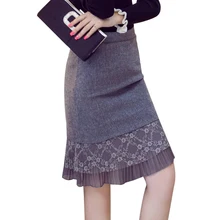 Women Winter Skirts 2017 Fashion Lace Patchwork Women Pencil Woolen Skirt High Waist Ruffle Hem Big