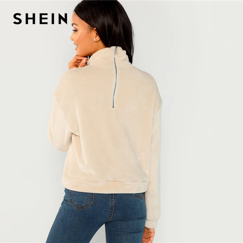 SHEIN المشمش الحديثة سيدة أنيقة عالية الرقبة فو الفراء مربوط الصلبة البلوز البلوز الشتاء الحد الأدنى عارضة النساء بلوزات