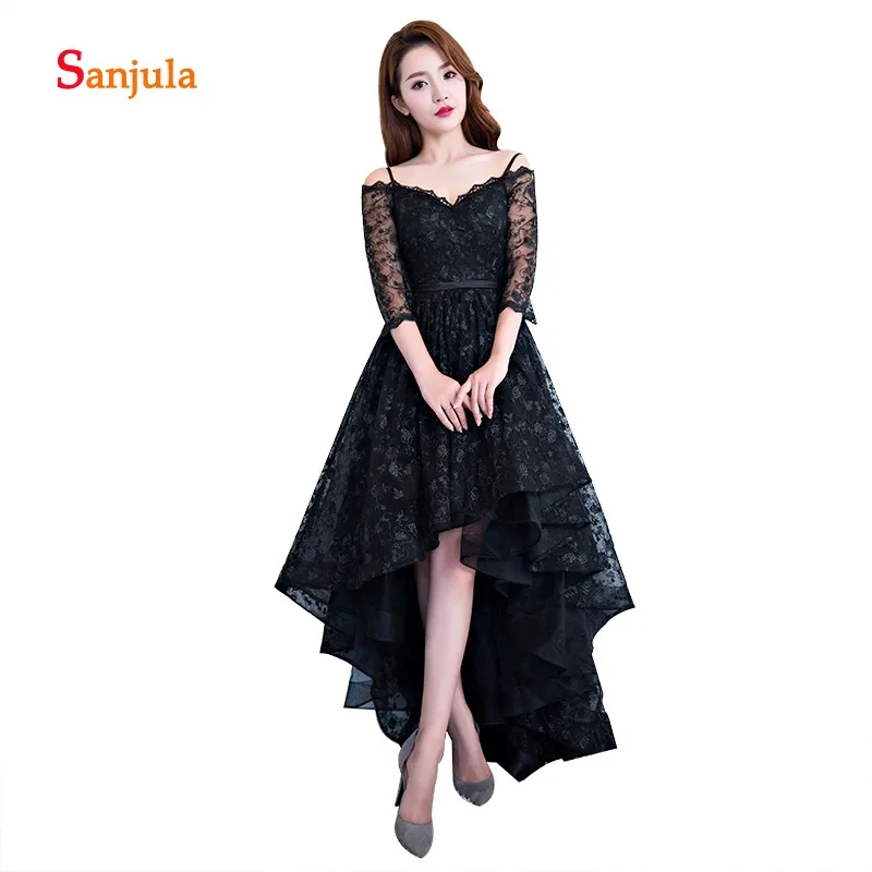

Black Lace Gorgeous Evening Dresses Sweetheart Spaghetti Straps High Low Evening Gowns Three Quarter Sleeve Party Dress D569