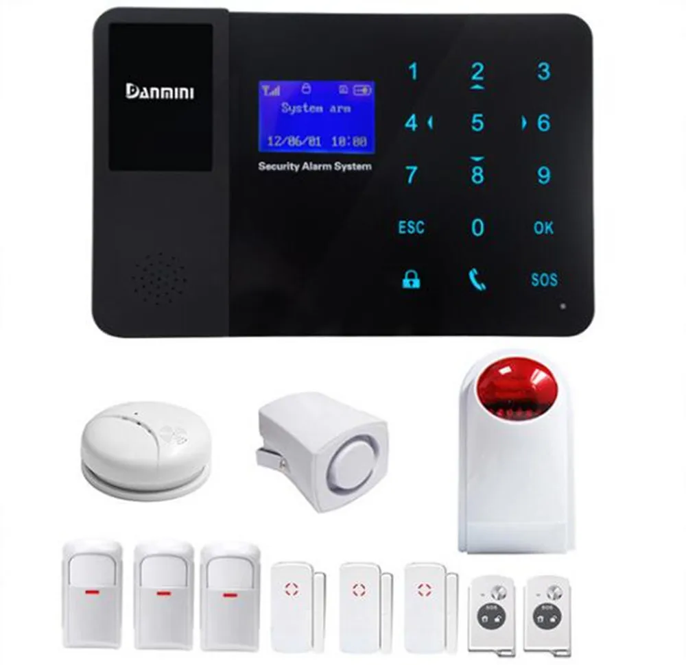 

GSM Alarm System With Smoke Sensor 3 PIR Detector 3 Door Contact 1 Strobe Siren