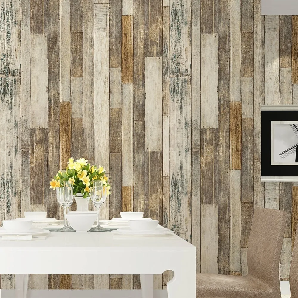 HaokHome Vintage Wood 3D Wallpaper Rolls Tan/Beige/Brown Wooden Plank