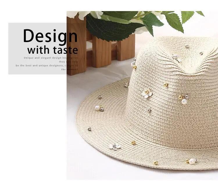 2019 новая весенне-летняя Солнцезащитная шляпа для женщин с цветочными бусинами широкополый джазовая Панама пляжная шляпа с полями