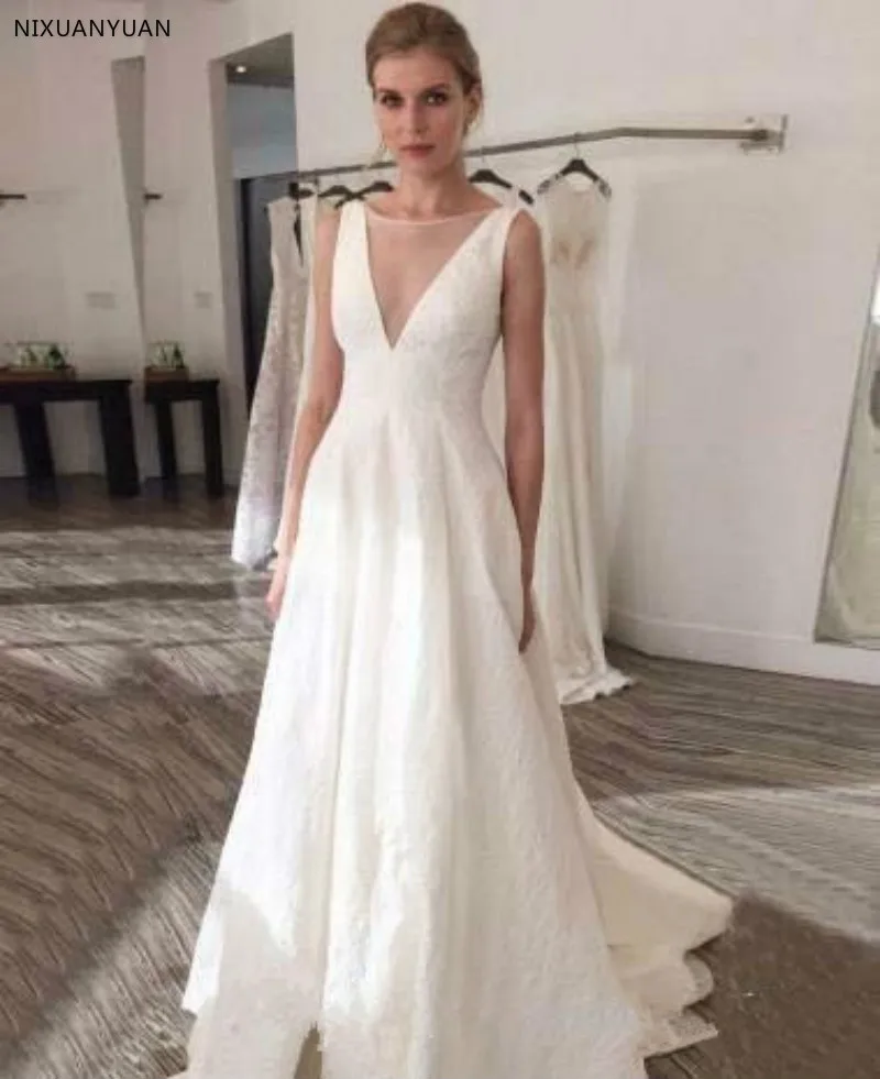 2020 White Wedding Dress Simple Plain Summer Beach Boho A Line