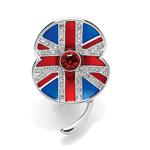 

1.45 Inch White Gold Tone Rhinestone Crystal British UK Flag Poppy Flower Brooch Remembrance Day Pins