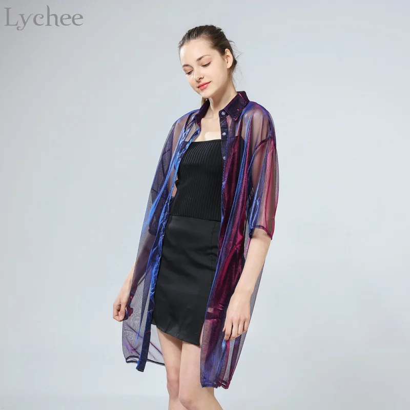 Летняя женская блузка Lychee прозрачная сетчатая Солнцезащитная рубашка с рукавом