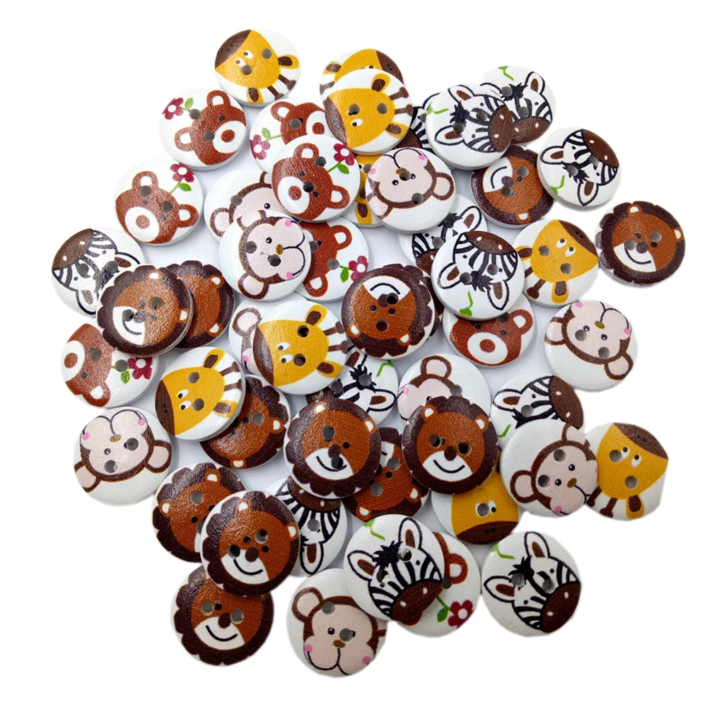 50Pcs Wooden Cartoon Buttons Assorted Animals Design for Crafts Scrapbooking 20mm
