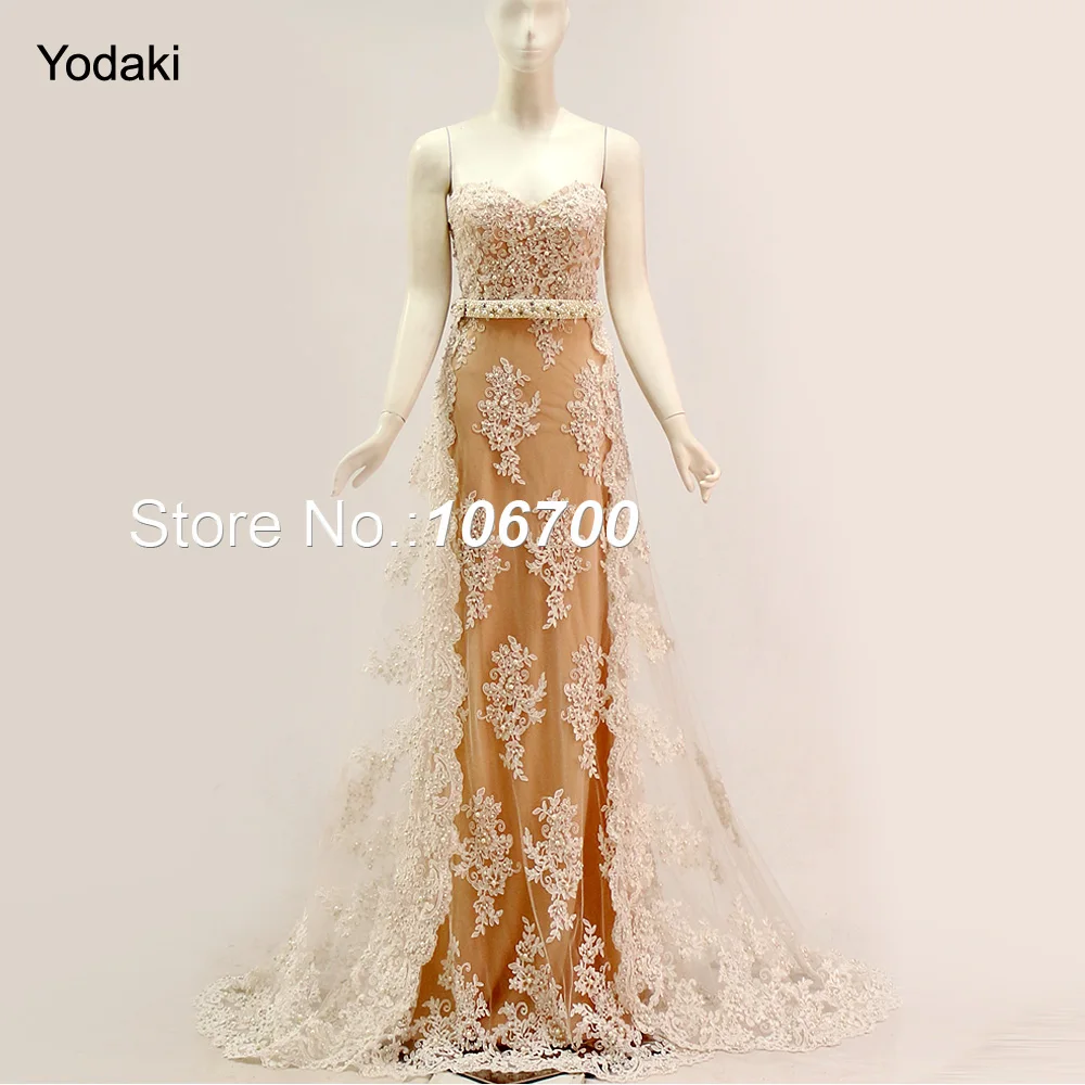 

New Style Embroidery Lace With Detachable Tail Long Evening Dresses 2018 Strapless Hand Make Pearls Sheer Pageant Prom Gowns
